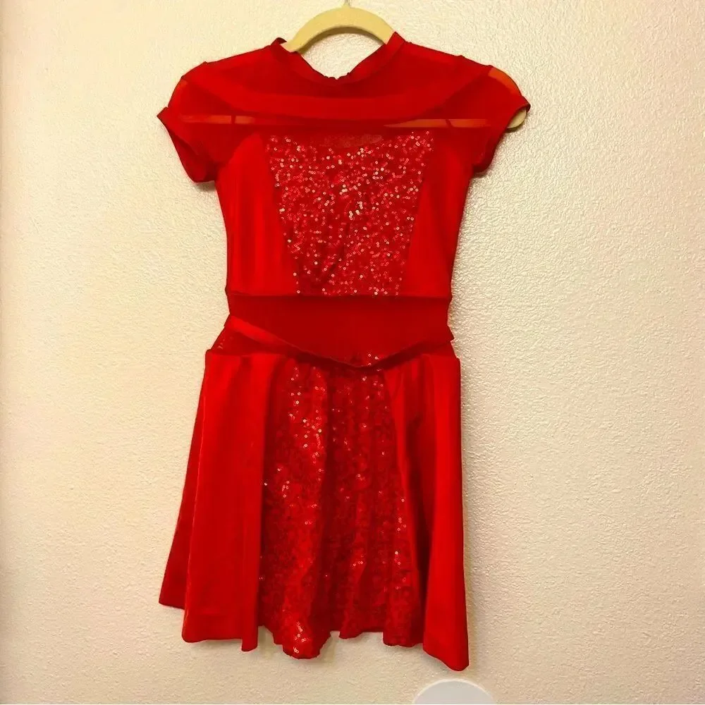 WEISSMAN Dance Costume red sequin mesh dress PLAY THAT SAX 11075 -Adult SA